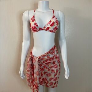 Summer red watermelon print top bikini bottom and sarong three piece bikini set